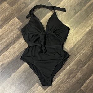 Stylish Black One Piece halter Swimsuit with Belt